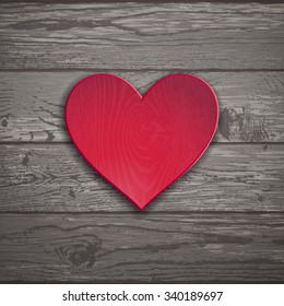 Wood texture template with red heart. Natural wooden background. Vector illustration for your design, cards.