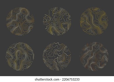 Wood texture with topography lines. Organic ripple wavy patterns. Tree rings set. Vector doodle illustration with metal gradient