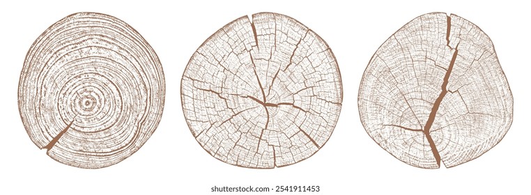 Textura de madera de árbol. Tronco viejo de madera. Corta troncos de madera. Anillos Abstractas patrón de la naturaleza. Tocón de círculo marrón. Sección transversal de madera. Fija la Ilustración vectorial. EPS 10.
