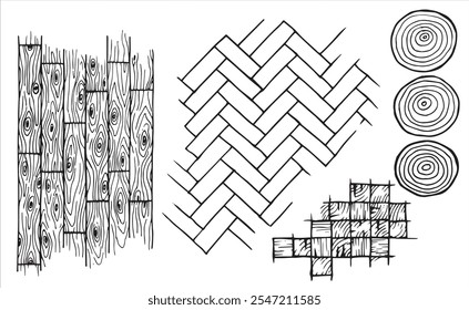 textura de madeira, piso de madeira, parquet, cortes de serra. ilustração estilo doodle simples