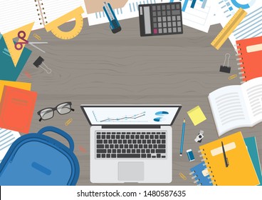 Wood textured desk from top view, with laptop computer, backpack, stationery, glasses, calculator, book, folder, document and school notebook in flat design 