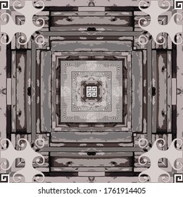 Wood textured ornamental greek vector seamless pattern. Geometric tribal ethnic wooden background. Repeat rough dirty backdrop. Modern greek key meanders geometrical ornaments. Grunge endless texture.