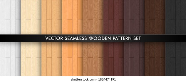 Wood textured seamless pattern set. Light and dark brown natural colors wooden boards repeat texture collection. Vector illustration for design, flat interiours, print, paper, decor, photo background.