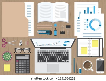 Wood textured working desk from top view, with laptop computer, mobile, stationery, glasses, calculator, book, folder, document, notebook and coffee in flat design 