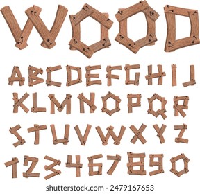 Wood textures alphabet and numbers vectors