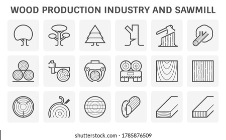 Wood Timber Production Industry Or Sawmill Industry Vector Icon Set Design.