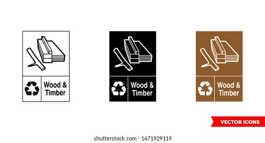 Wood & timber recycling sign icon of 3 types: color, black and white, outline. Isolated vector sign symbol.