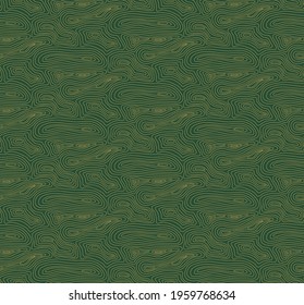 Wood, timber texture abstract geometric seamless pattern, gold on green background. Hand drawn vector illustration. Design concept for oriental style print, packaging, wrapping paper. Line art.