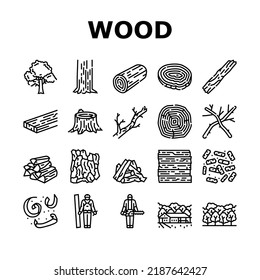 wood timber tree wooden material icons set vector. log board, plank lumber, forest nature, panel trunk, grain cut, stump carpentry wood timber tree wooden material black contour illustrations