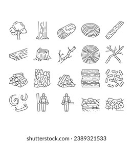 wood timber tree wooden material icons set vector. log board, plank lumber, forest nature, panel trunk, grain cut, stump carpentry wood timber tree wooden material black contour illustrations