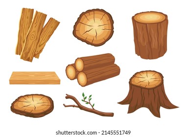 Wood and timbers or lumber vector illustrations set. Collection of cartoon drawings of parts of tree, wooden planks, stack of logs, stump, branch. Construction materials, forestry concept