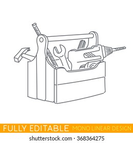 Wood tool box. Kit include drill, hummer, tape measure, wrench, screwdriver. Modern thin line logo template. Fully editable curves. Mono linear pictogram of outline symbol. Stroke vector icon concept.