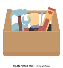 Vector de caricatura de iconos de la caja de herramientas de madera. Cuadro de herramientas. Kit de construcción