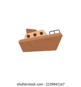 Wood toy for child, wooden retro design boat or ship for playing in flat vector illustration isolated on white background. Old vintage model of sail, baby eco-friendly plaything