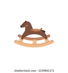 Wood toy for children, wooden rocking horse in flat vector illustration isolated on white background. Kid swing chair in retro style. Vintage eco-friendly pony for playing or decoration.
