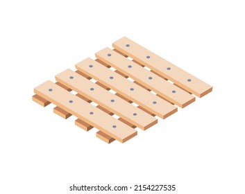 Bandeja de madera o paleta desde la vista frontal y angular, ilustración cartoon de vector plano aislada en el fondo blanco. Plataforma de almacén para el transporte, almacenamiento y protección.