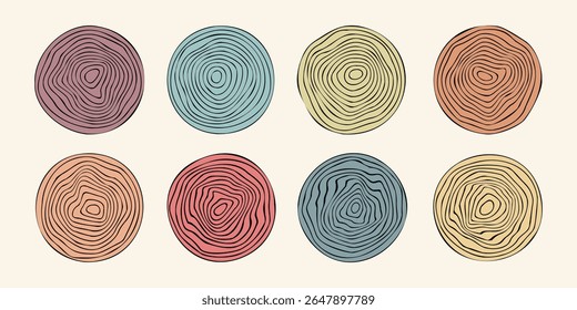 Wood tree pattern texture icon, trunk with annual circle line of age pictogram, set vector design