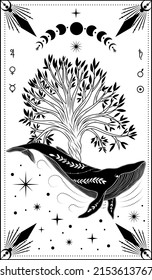 Madera. Cartel de árbol. elementos místicos. Árbol de vida.