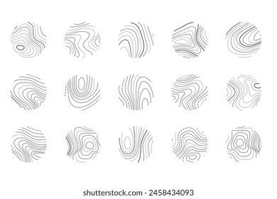 Textur-Symbol für Holzbaum-Ringmuster. Kofferraum mit jährlichem Kreis-Linie-Alter-Piktogramm. In: Topography Stump Kollektion. Mannkontur mit konzentrischem geometrischem Symbol für Geschichten-Cover. gewellter Struktursatz