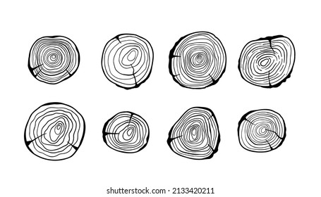 Wood tree rings. Set of cut tree trunk, log stump icon hand drawn wooden pine slice, timber texture. Vector illustration