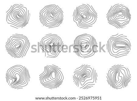 Wood Tree Rings Vector Set. Circle topography map stock illustration. Wood texture vector. Abstract circle tree background