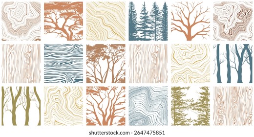 Wood and trees texture set, different shades, pattern mosaic, seamless pattern, vector panel