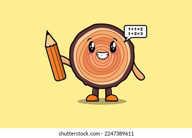 Wood trunk cute cartoon clever student with pencil style design in flat modern style design