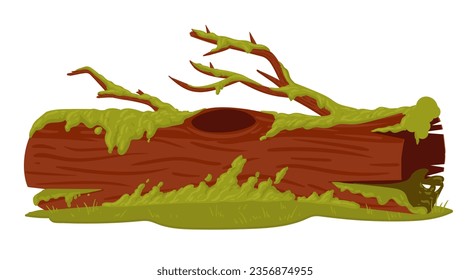 Wood trunk with moss. Cartoon swamp moss growing on rotten log. Rainy forest lichen plants grows on wooden log flat vector illustration