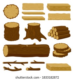 Wood trunks. Tree lumber, wood logs, logging twigs and wooden planks, stacked firewood material isolated vector illustration icons set. Wood elements for production industry, timber for fire