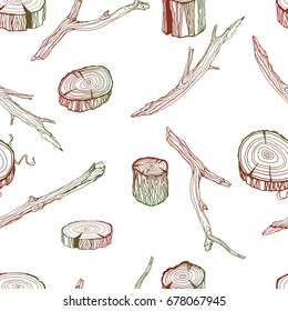 Wood twigs seamless pattern in hand drawn sketch style on white background
