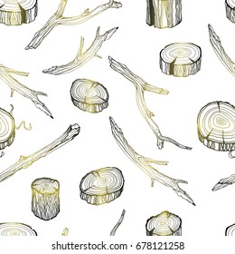 Wood twigs seamless pattern in hand drawn yellow and black sketch style on white.