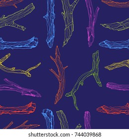 Wood twigs seamless pattern in hand drawn colorful sketch style on blue background. Vector illustration.