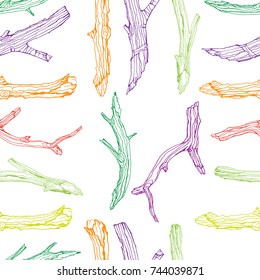 Wood twigs seamless pattern in hand drawn colorful sketch style on blue background. Vector illustration.