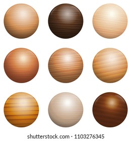 Wood types. Set of nine polished, varnished, textured decor balls - brown, dark, gray, light, red or yellow models with reflections of light.