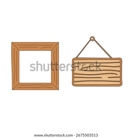 Wood Vector Collection. Wooden Frame Illustration. Rustic Signboard and Hanging Label. Timber Badge Icon Set. Natural Wood Grain Shapes and Decorative Elements.