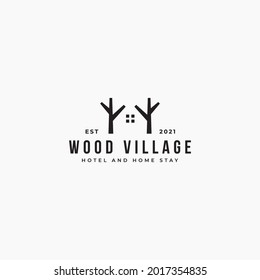 wood village logo business template. wood hotel and tourism logo illustration. modern wooden house logo design concept. 