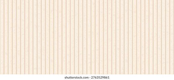 Wood wall panel with white slats. Vertical planks with wooden texture, interior panel. Ivory seamless striped background, slatted pattern with texture. Wall decoration, cream bg, vector Illustration