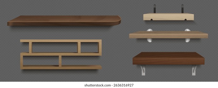 Wood wall shelf collection - brown geometric organizer, modern bracket design with metal supports, minimalist wooden storage for home decor display, interior furniture mounted on grey background.