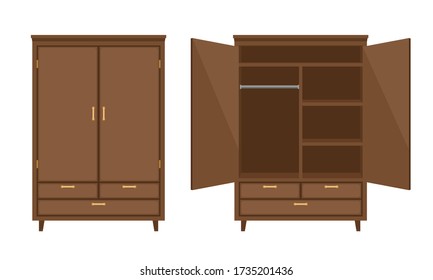 Wood wardrobe. Wooden empty dresser wardrobe vector illustration, wardrobe with drawer, shelves and hangers for bedroom interior design, brown emptying open flat cabinet