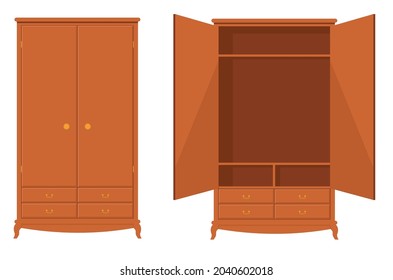 Wood wardrobe. Wooden empty dresser wardrobe vector illustration, wardrobe with drawer, shelves and hangers for bedroom interior design, brown emptying open flat cabinet. Vintage wardrobe