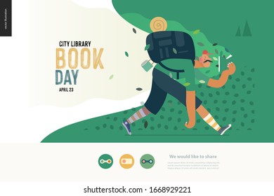 Wood webdesign template -world Book Day graphics -book week events. Modern flat vector concept illustrations of reading people -man with mustache, cap, snickers, backpack in the forest reading a book