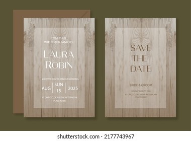 Wood wedding invitation template set with wood background for party, greeting card