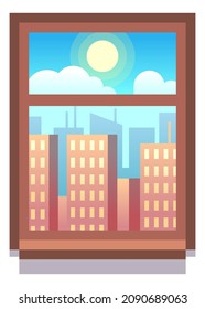 Wood window with city view. Day light symbol
