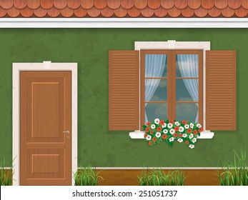 wood window and door on the background of the vintage old wall of the house