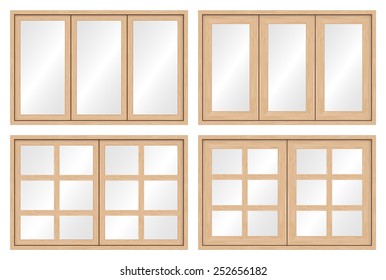 Wood window with glass isolated on white background, Beautiful wood grain decorative to contemporary style with 4 different glass style to fit your home and your design, Vector illustration design.