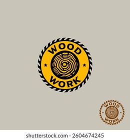 Wood Work emblem logo vector. Featuring wood grain texture with yellow and black color.