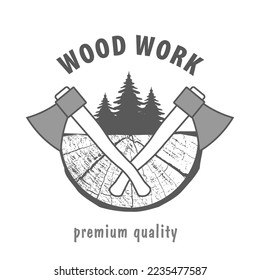 Wood work logo design template. Carpentry  professional service.  Cross section of a tree and two axes. Logo in gray for your  design. EPS10.