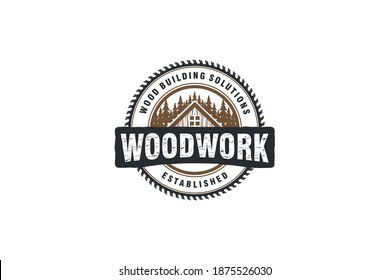 Wood work logo, wooden house builder business, carpenter handyman, plank wood home icon circle sawmill circular saw