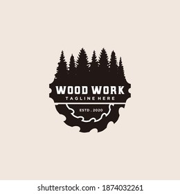 Wood Work Sawmill Emblem Logo Design Vector Illustration.	