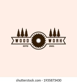 Wood Work Vector Illustration Logo Design. Logo Template for Wood Master, Sawmill and Carpentry Service. Pine and Saw logo design inspiration